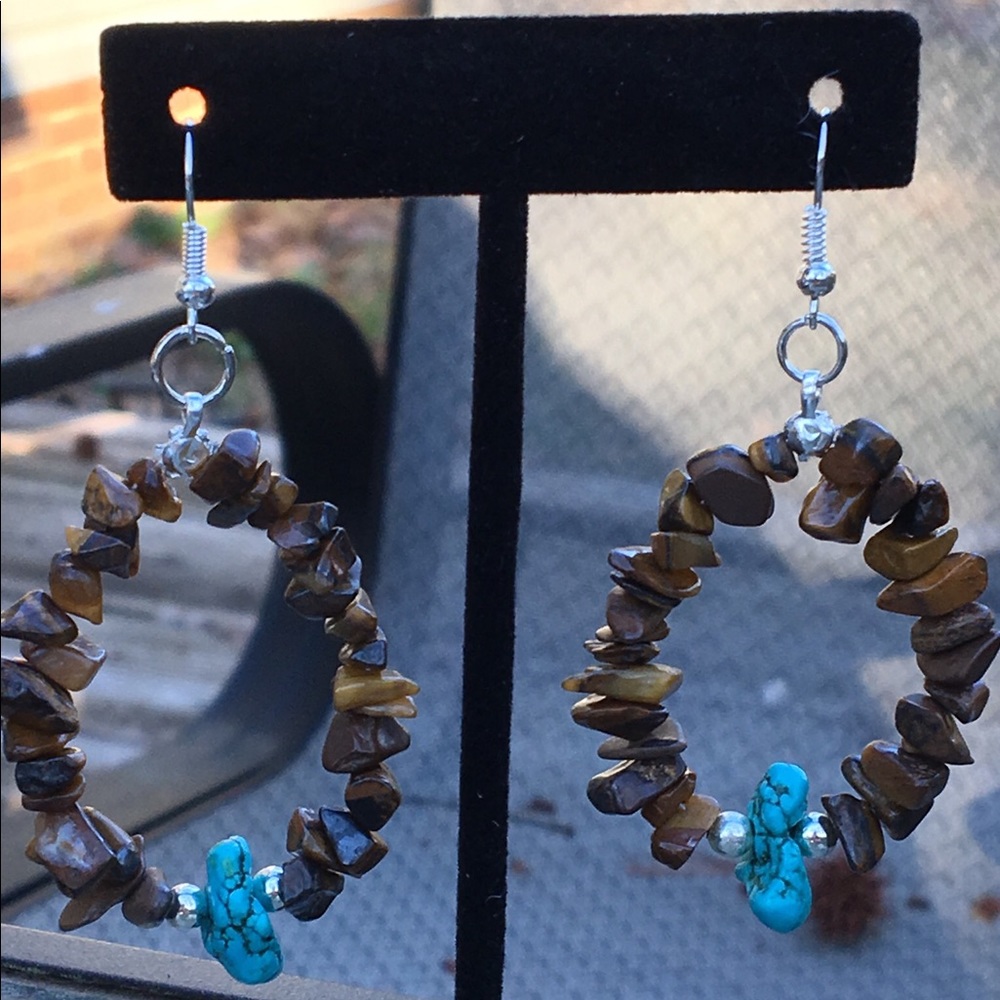 SOLD Tiger’s Eye Turquoise Howlite Hoop Earrings - Picture 3 of 6